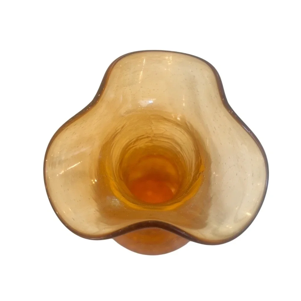 Vintage Amber Crackle Glass Vase Ruffled Rim Mid Century Art Glass 7 Inch